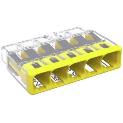 WAGO 2773-405, COMPACT PUSHWIRE? splicing connector, for solid and stranded conductors, 5-conductor, yellow, 4055143919241