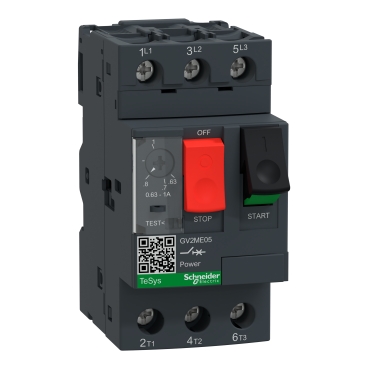 Schneider Electric GV2ME05, Motor circuit breaker, TeSys Deca, 3P, 0.63 to 1A, thermal magnetic, screw clamp terminals, button control, 3389110343038