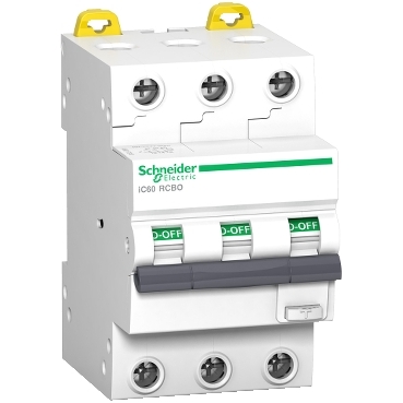 Schneider Electric A9D17332, Residual current breaker with overcurrent protection (RCBO), Acti9 iC60, 3P, 32A, C curve, 10000A/15kA, A type, 30mA, 3606481157973