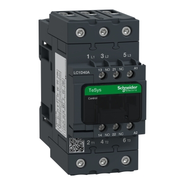 Schneider Electric LC1D40ABD, Contactor, TeSys Deca, 3P(3 NO), AC-3/AC-3e, 0 to 440V, 40A, 24VDC standard coil, 3389119408486