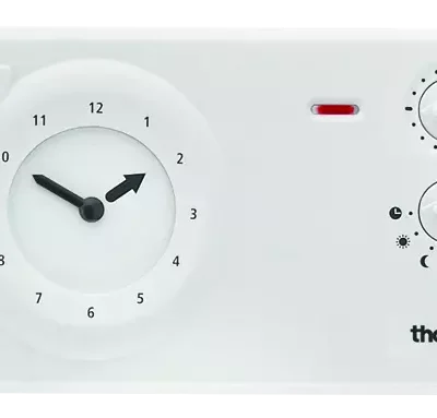Theben 7840801, Analogue clock thermostat with a low profile design for time-dependent monitoring and control of room temperature RAMSES 784 S, 4003468784020