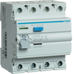 Hager CE464J, RCCB 4P 63A 100mA AC, 3250611616450
